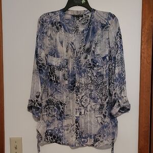 Sara Michelle Blue Print Sheer Blouse With Metalic Thread Sz XL